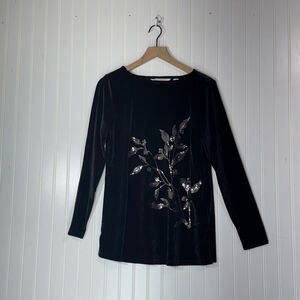 BEAUTIFUL by Lawrence Zarian Black Velvet Tunic Top Sequin Floral Appliqué Smal